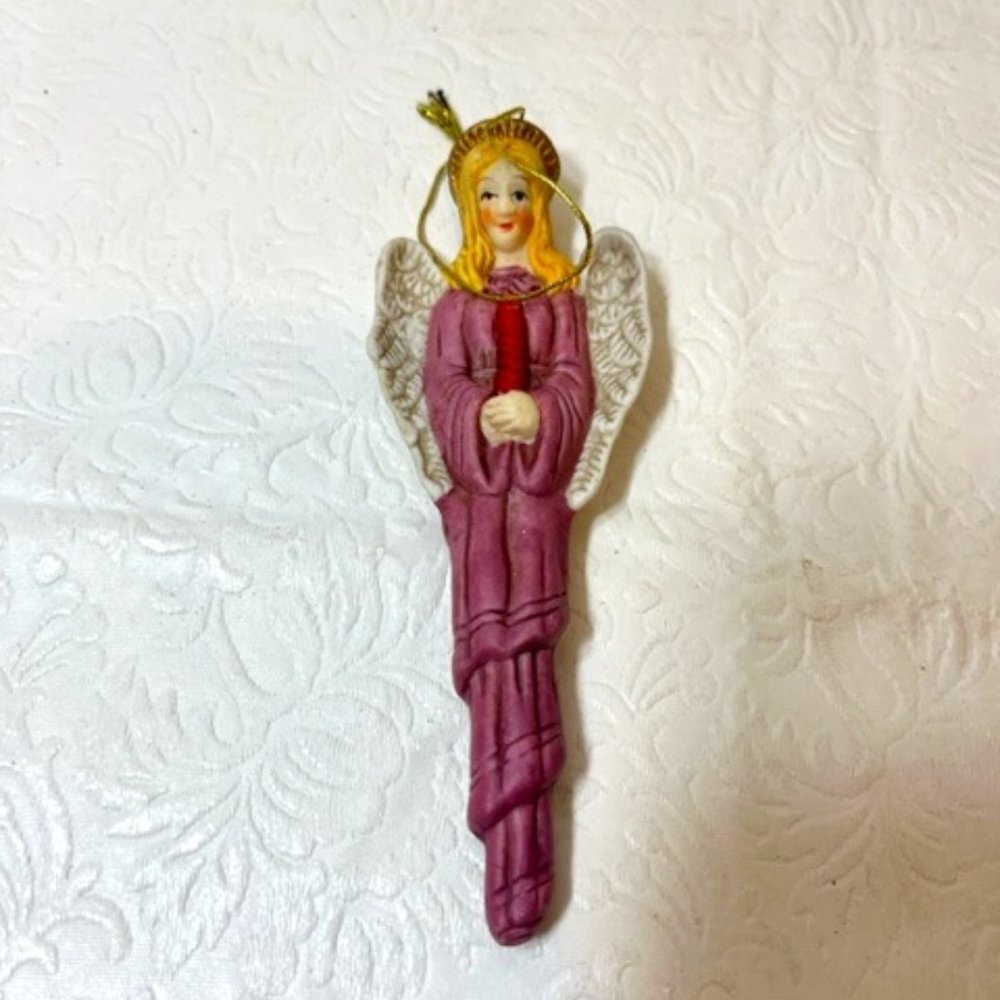 VTG Porcelain Teardrop Angel Holding Candle Christmas Tree Ornament 5"